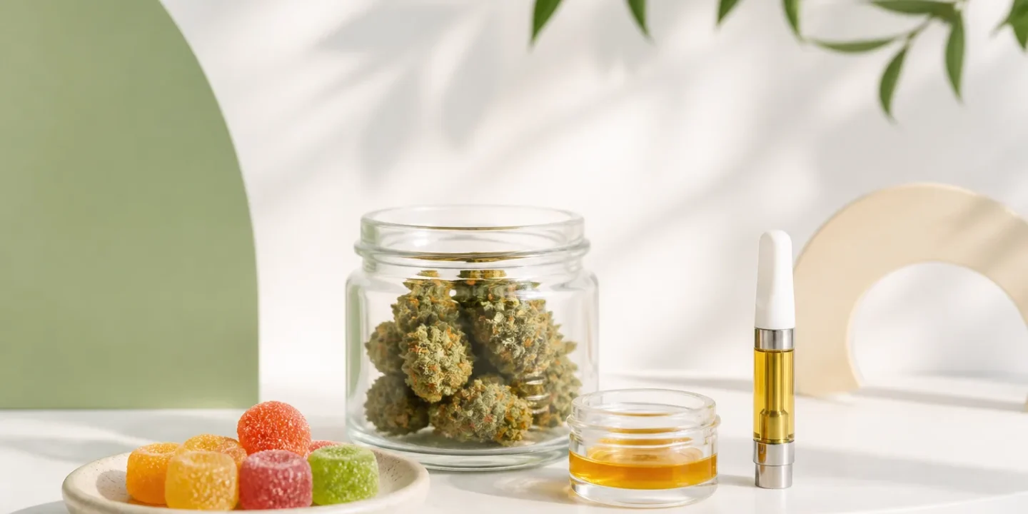 Editorial still life of cannabis flower, gummies, concentrate and a vape cartridge