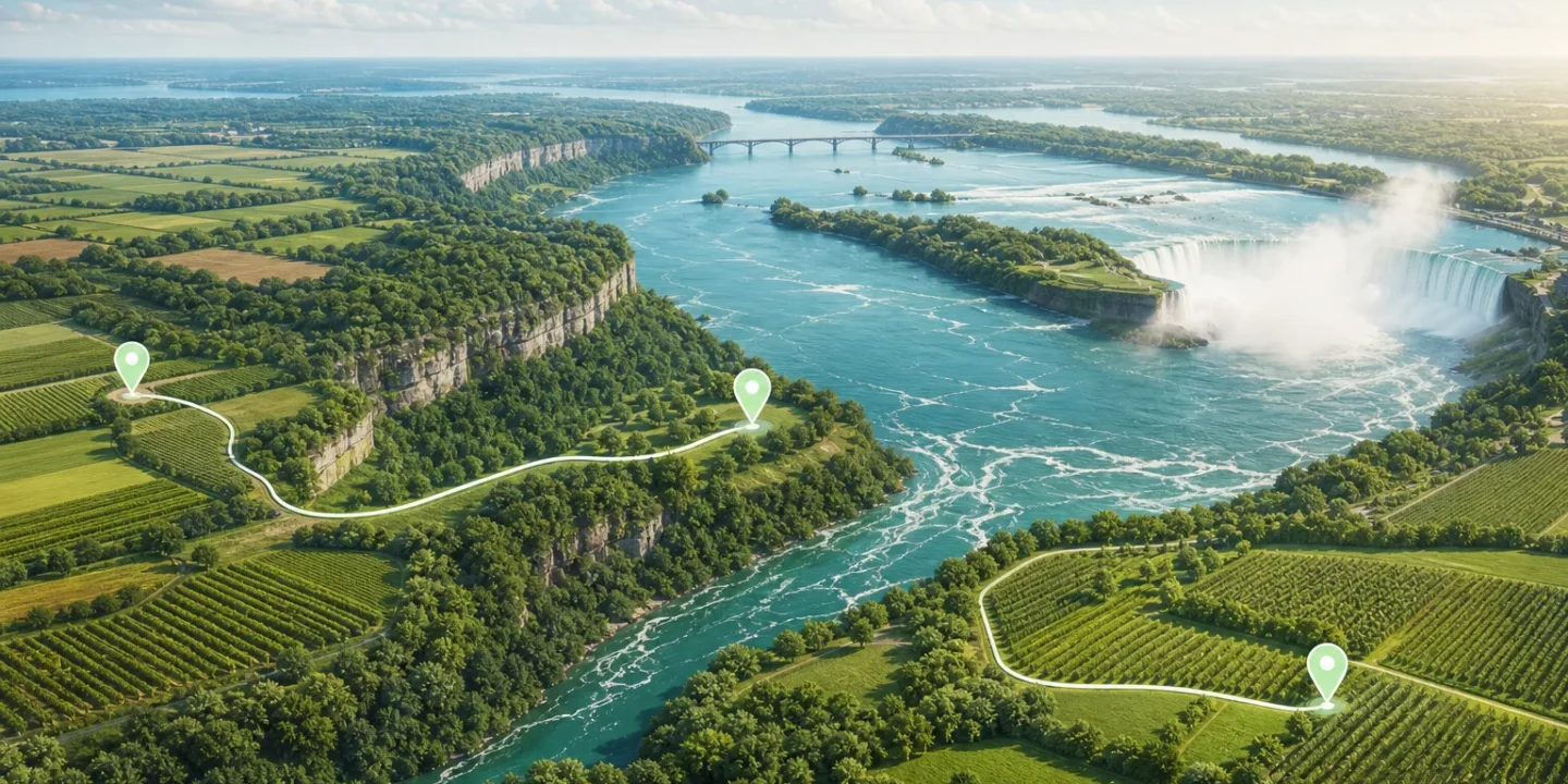 Illustrated aerial view of the Niagara Region with three delivery markers