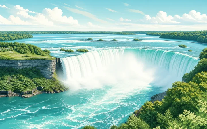 Illustrated view of Niagara Falls and the Niagara River