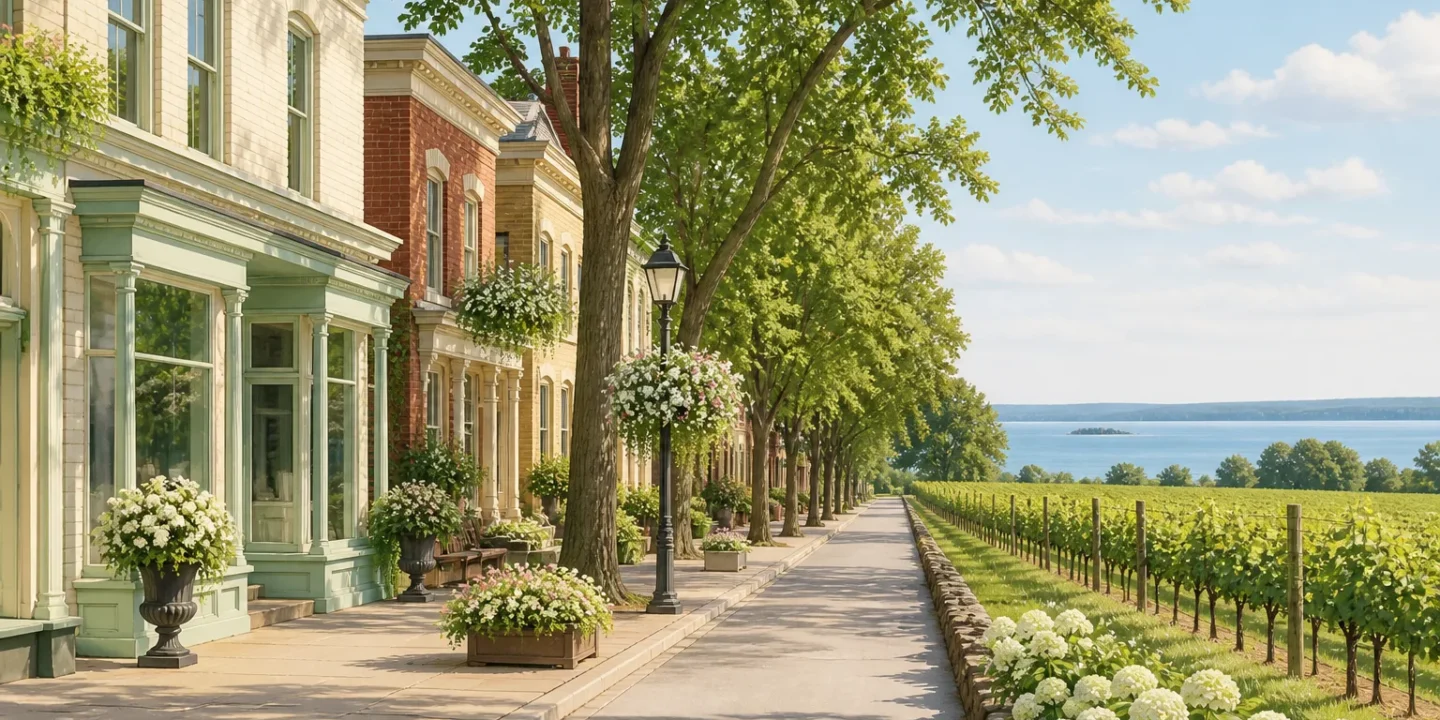 Illustrated Niagara-on-the-Lake heritage streetscape beside vineyard rows