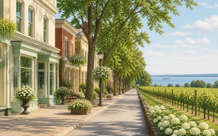 Illustrated Niagara-on-the-Lake heritage streetscape beside vineyard rows