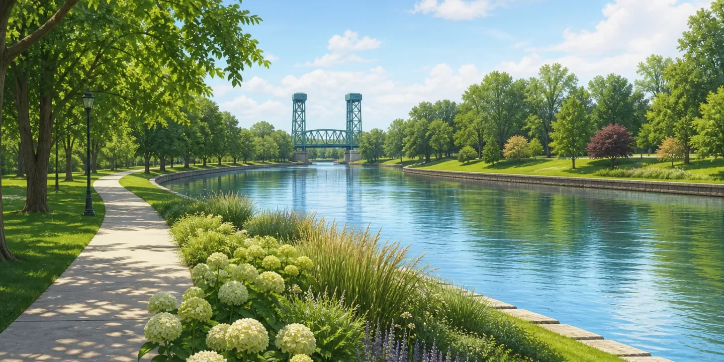 Illustrated St. Catharines parkland beside the Welland Canal