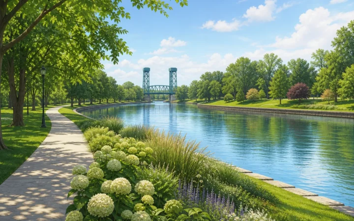 Illustrated St. Catharines parkland beside the Welland Canal
